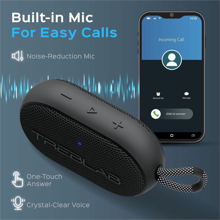 TREBLAB HD-Go - Ultra Portable Hand Held Speaker with Clip, 7W Power with Bass, 16H Playtime, IPX7 Waterproof, Built-in Mic