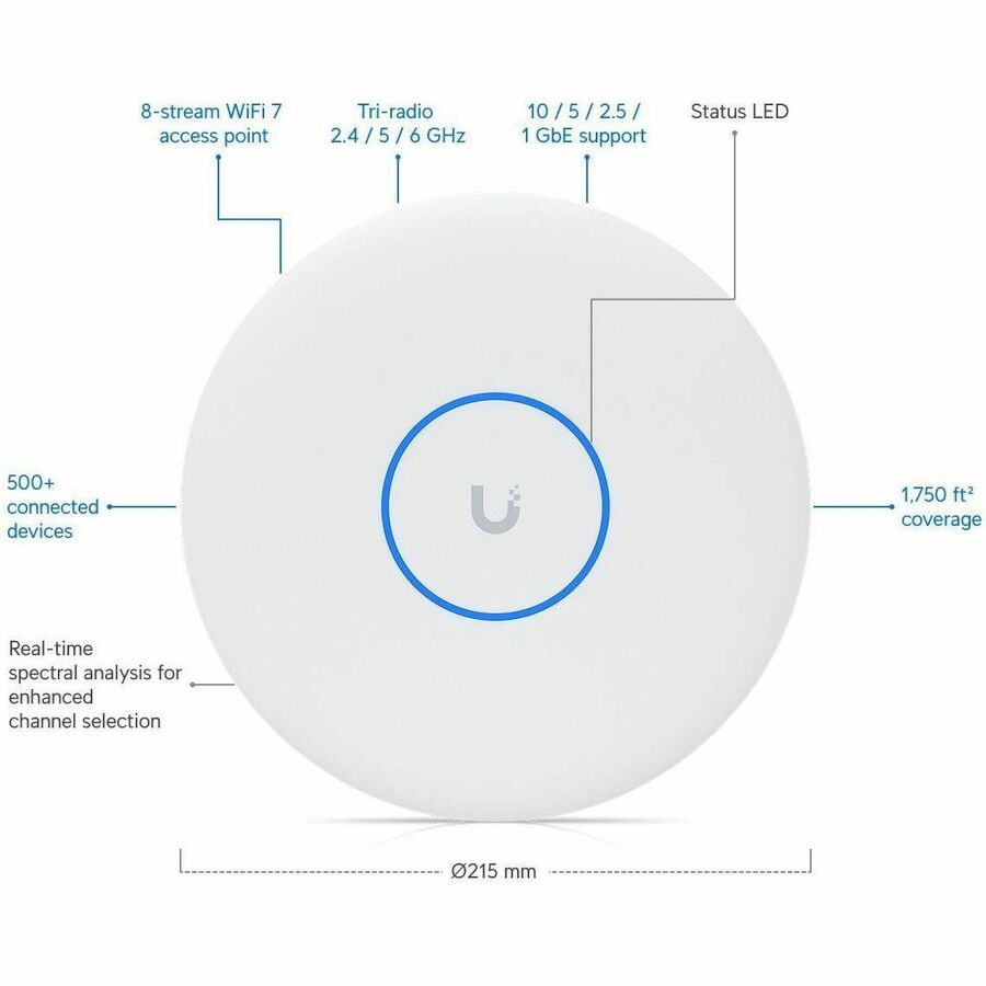 Ubiquiti U7 Pro U7 Pro XGS Tri Band Wi-Fi 7 IEEE 802.11n/ac/ax/be/v/r/k 8.60 Gbit/s Wireless Access Point