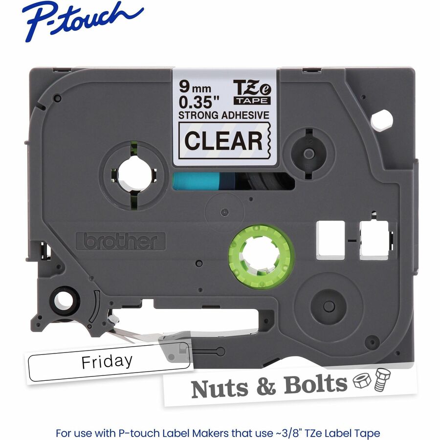 Brother Genuine P-touch TZeS121 BK on CLR Label Tape, Strong Adhesive Lam., 9mmX8m