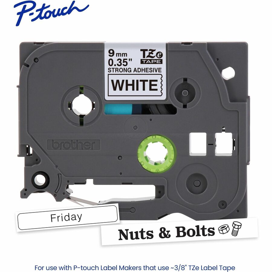 Brother Genuine P-touch TZeS221 BK on WHT Label Tape, Strong Adhesive Lam., 9mmX8m