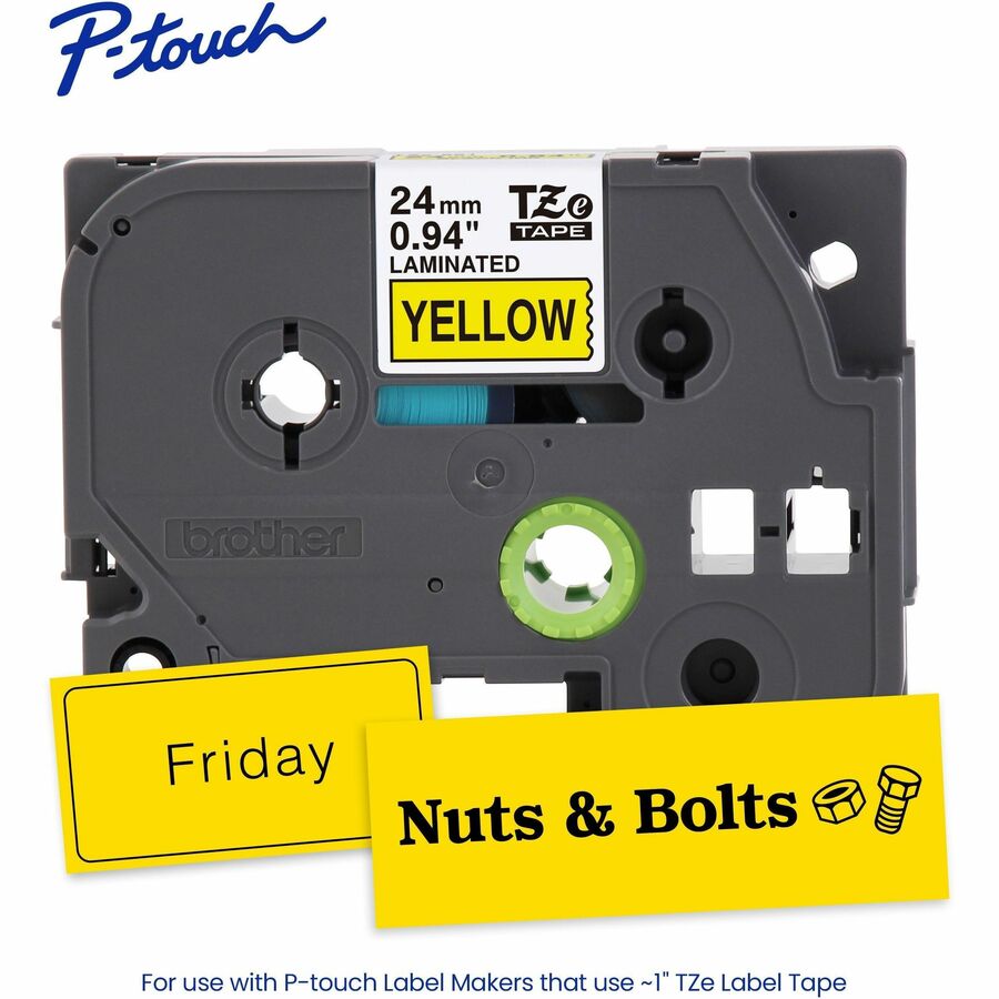 Brother Genuine P-touch TZe651 BK on YL Label Tape, Laminated, 24mmX8m