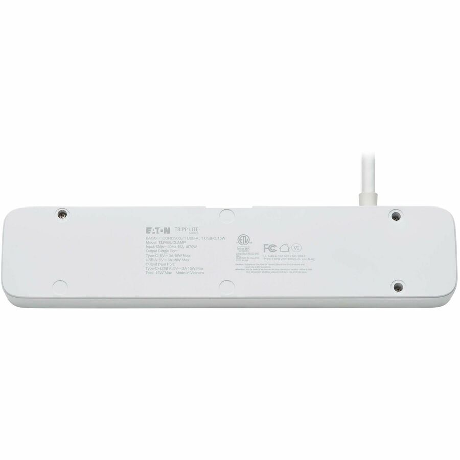 Eaton Tripp Lite Series Protect It! 6-Outlet Surge Protector with USB-A and USB-C Charging Ports - 5-15R Outlets, 900 Joules, Desk Clamp, 6 ft. (1.8 m) Cord, White