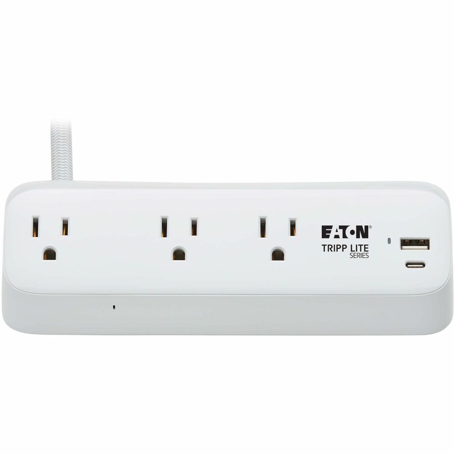 Eaton Tripp Lite Series Protect It! 3-Outlet Surge Protector with USB-A and USB-C Ports - 5-15R Outlets, 900 Joules, 20W PD Charging, Desk Clamp, 8 ft. (2.4 m) Braided Cord, White