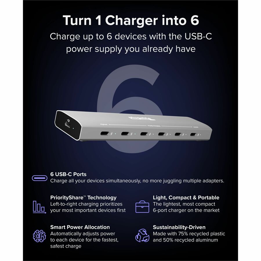 Plugable 6 Port USB C Charging Station, Up to 100W Charger for Multiple Devices with Priority Charging