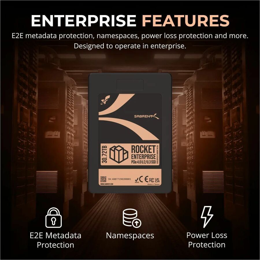 Sabrent Rocket Enterprise SB-P4U2 30.72 TB Solid State Drive - Internal - U.2 (PCI Express NVMe 4.0) - Black - TAA Compliant