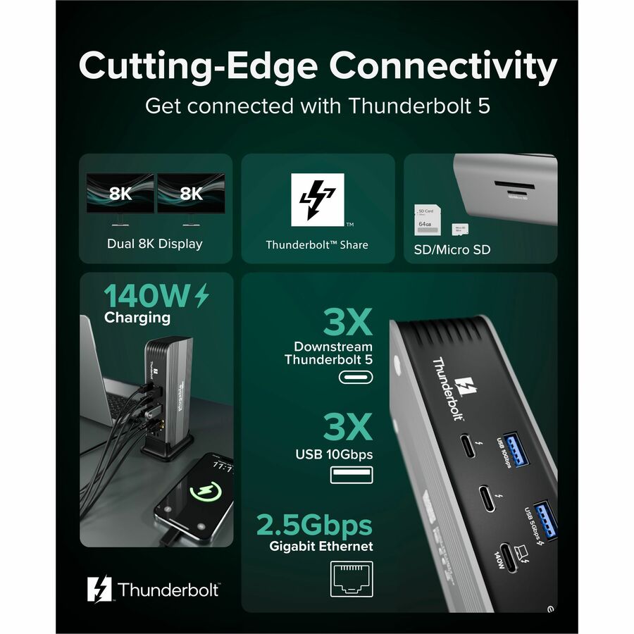 Plugable Thunderbolt 5 Dock - 140W Power Delivery, Up to Dual 6K@60Hz for Mac, Up to Dual 8K for Windows