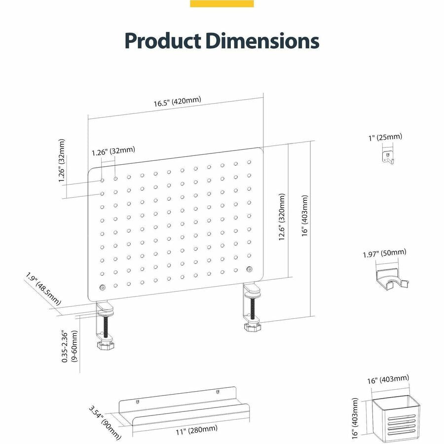 StarTech.com Clamp-On Pegboard with Accessories, 16.5x12.5in, Steel Peg Board, Desktop Storage Organizer, Black