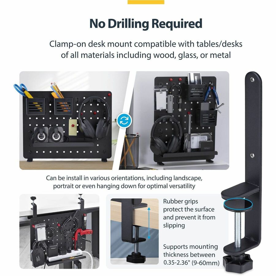 StarTech.com Clamp-On Pegboard with Accessories, 16.5x12.5in, Steel Peg Board, Desktop Storage Organizer, Black