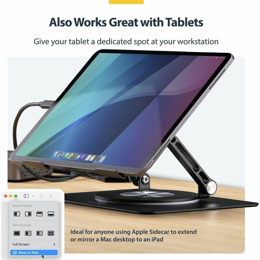 StarTech.com Rotating Laptop Stand, 360 Swivel, Ergonomic Desk Riser for Computer, Adjustable Height/Tilt, Max 11lb, Aluminum, Portable