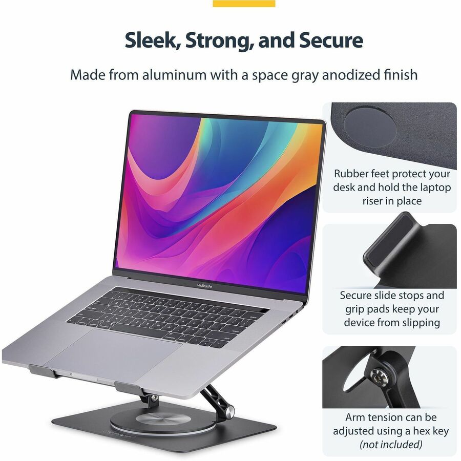 StarTech.com Rotating Laptop Stand, 360 Swivel, Ergonomic Desk Riser for Computer, Adjustable Height/Tilt, Max 11lb, Aluminum, Portable