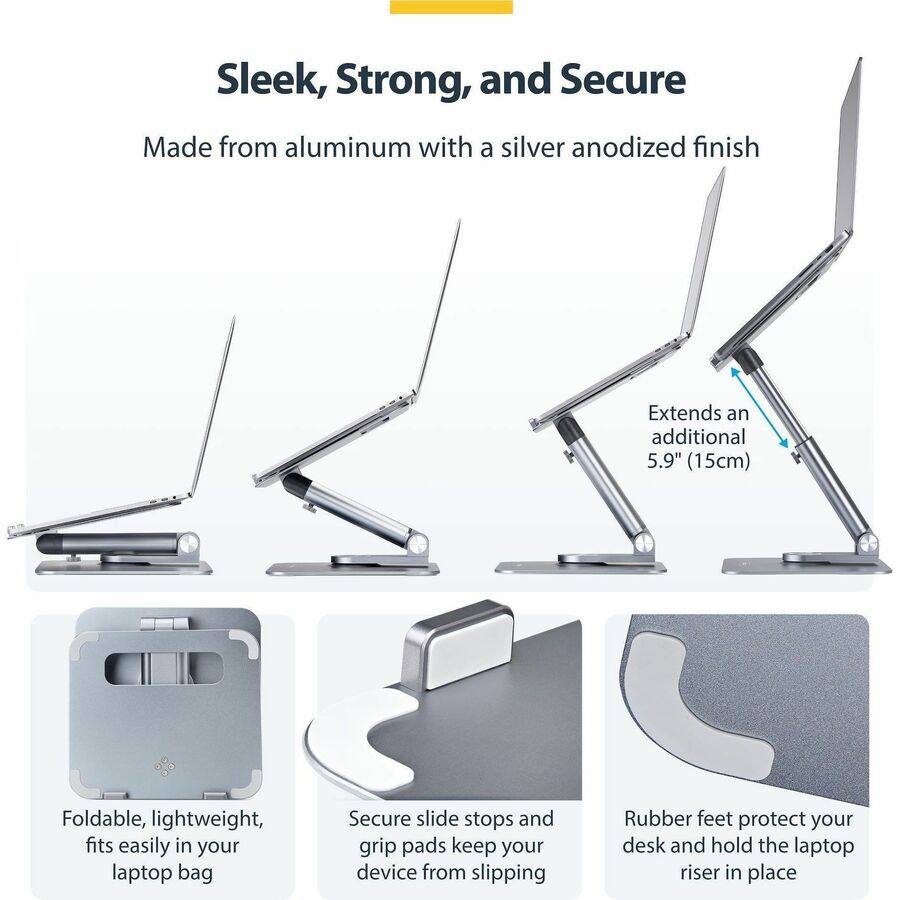 StarTech.com Telescopic Laptop Stand, 360 Swivel Base, Rotating Computer Riser for Desk, Adjustable Height/Tilt, Max 11lb/5kg, Aluminum