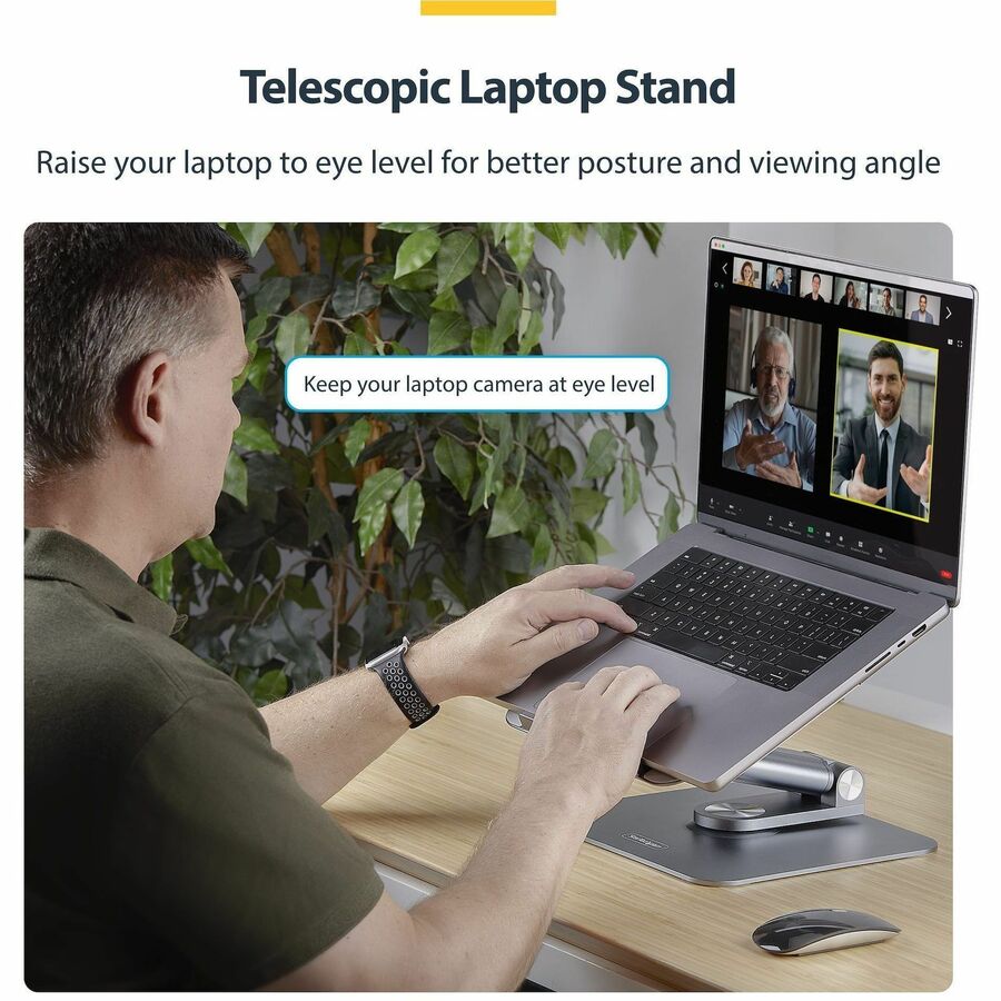 StarTech.com Telescopic Laptop Stand, 360 Swivel Base, Rotating Computer Riser for Desk, Adjustable Height/Tilt, Max 11lb/5kg, Aluminum