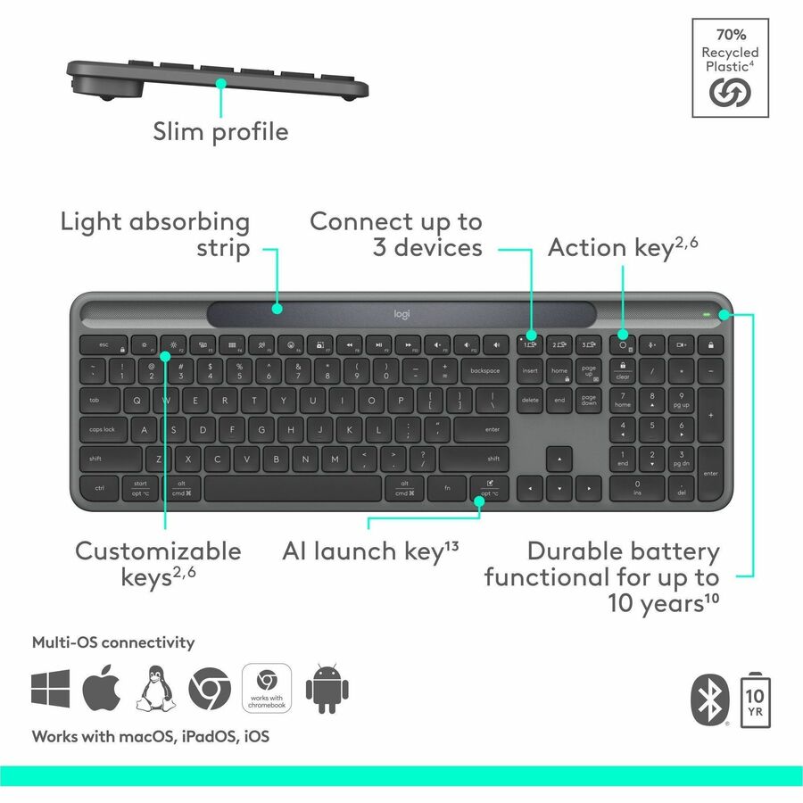 Logitech Signature Slim Solar+ wireless keyboard, solar and artificial light powered, durable battery that lasts up to 10 years, customizable keys, Bluetooth, Graphite