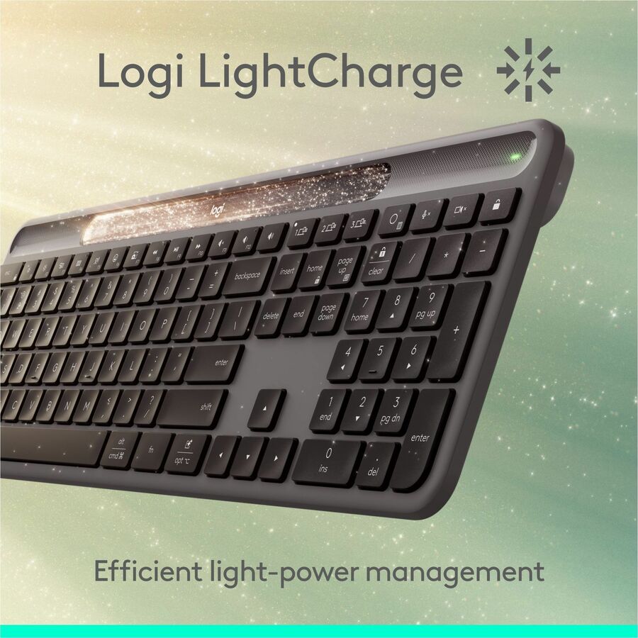 Logitech Signature Slim Solar+ wireless keyboard, solar and artificial light powered, durable battery that lasts up to 10 years, customizable keys, Bluetooth, Graphite