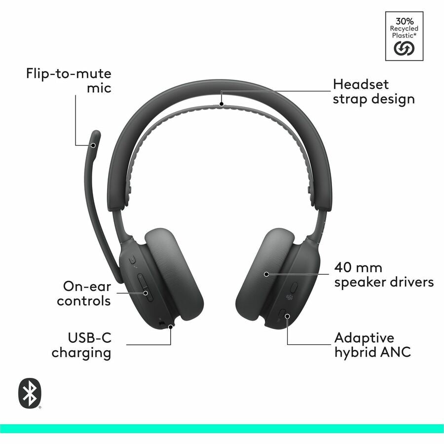 Logitech Zone Wireless 2 ES for Business - Noise-Canceling Wireless Headset with Adaptive Hybrid ANC, Native Bluetooth, Microsoft Teams Certified - Graphite