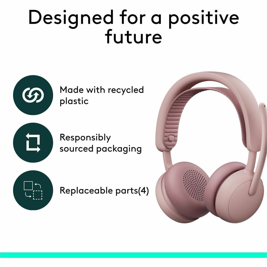 Logitech Zone Wireless 2 ES for Business - Noise-Canceling Wireless Headset with Adaptive Hybrid ANC, Microsoft Teams Certified, USB-C & USB-A, Rose