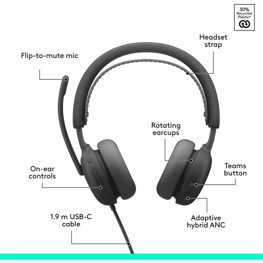 Logitech Zone Wired 2 for Business - Noise-Canceling Headset with Adaptive Hybrid ANC, Microsoft Teams Certified, USB-C with USB-A adapter, Graphite