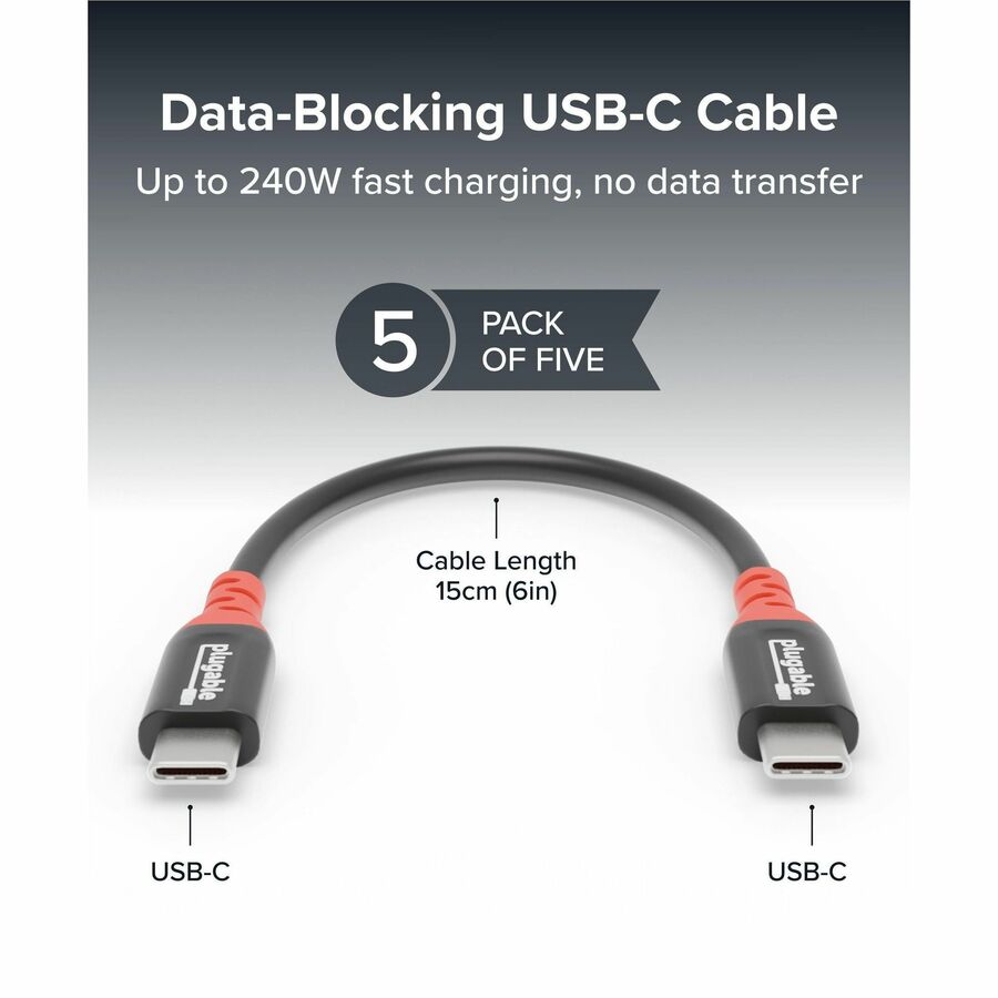 Plugable USB C to USB C Cable, Data Blocker Charge Only Cable 6in (Pack of 5): 240W Safe Charging