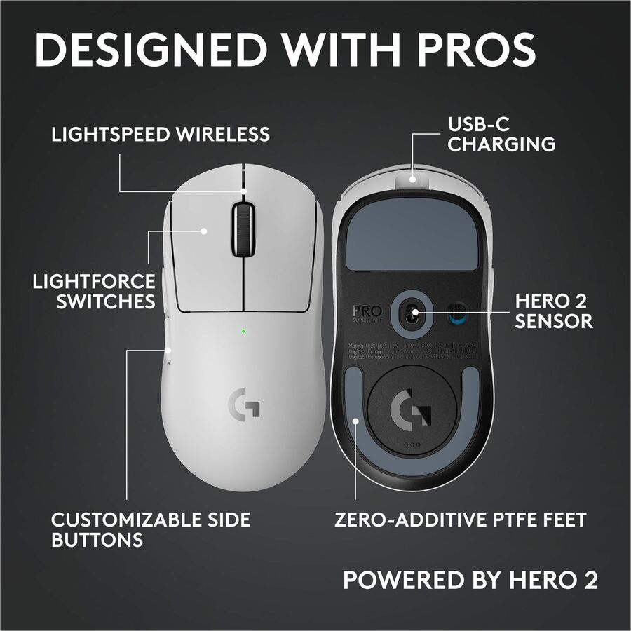 Logitech G PRO X SUPERLIGHT 2c wireless gaming mouse, 51 g pro-grade compact mouse with 5 programmable buttons, USB-C charging, 44K DPI sensor, up to 8 kHz polling for PC/Mac, White
