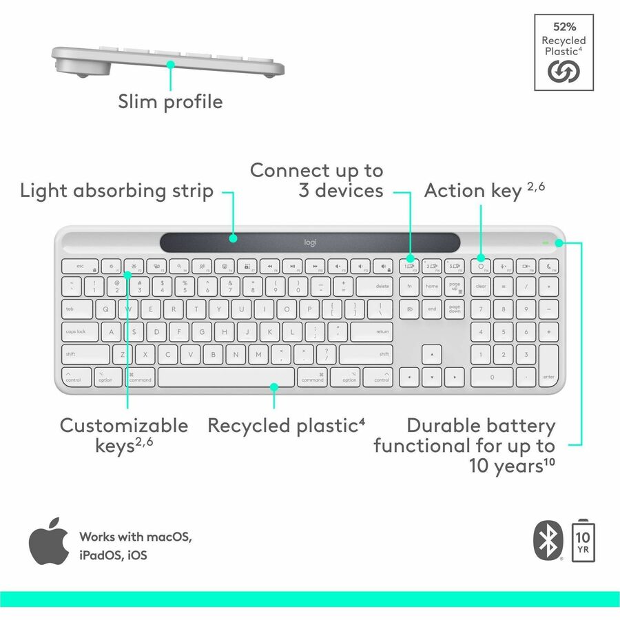 Logitech Signature Slim Solar+ keyboard for Mac, solar and artificial light powered, durable battery that lasts up to 10 years, customizable keys, Bluetooth, White
