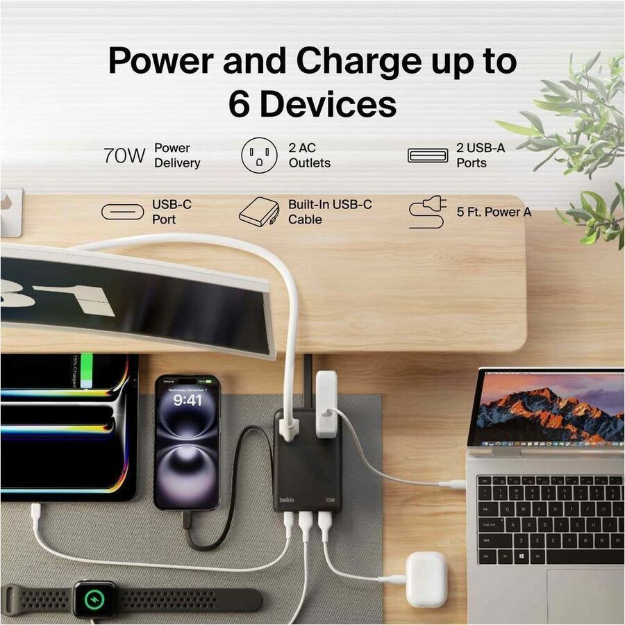 Belkin 2-Outlet Charging Station with USB Ports and USB-C Cable 70W