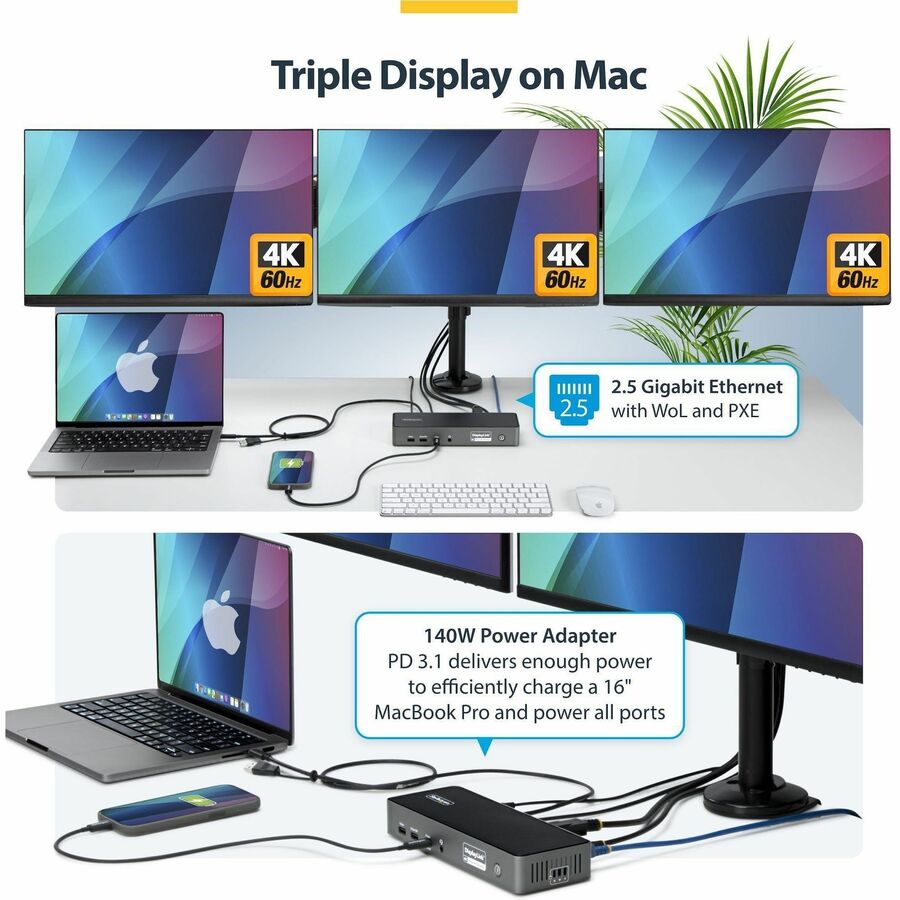 StarTech.com Triple-Monitor USB-C Docking Station, 140W Laptop Charging Dock for MacBook Pro and Windows, 4K 60Hz, TAA