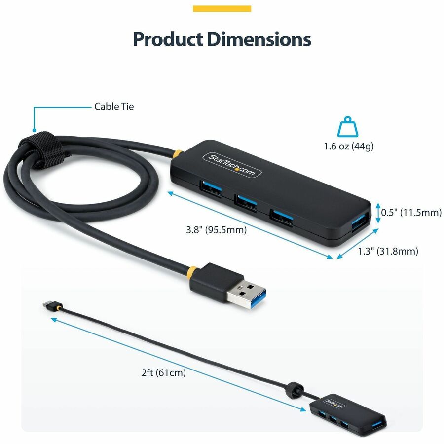 StarTech.com 4-Port USB-A Hub, 5Gbps, Bus Powered, USB-A to 4x USB-A Mini Hub, Extra Long 2ft/61cm Host Cable, 70% PCR Plastic Housing