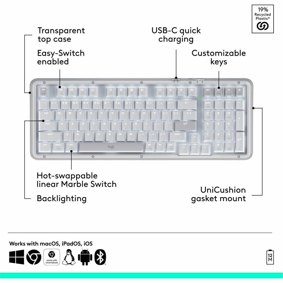 Logitech Alto Keys K98M Wireless Mechanical Keyboard, Customizable Keyboard with Vibration Absorbing Gasket, Backlit Keys, Off-white
