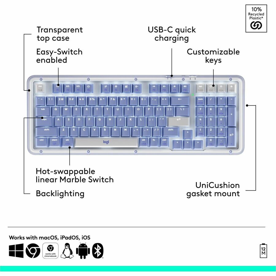 Logitech Alto Keys K98M Wireless Mechanical Keyboard, Customizable Keyboard with Vibration Absorbing Gasket, Backlit Keys, Lilac