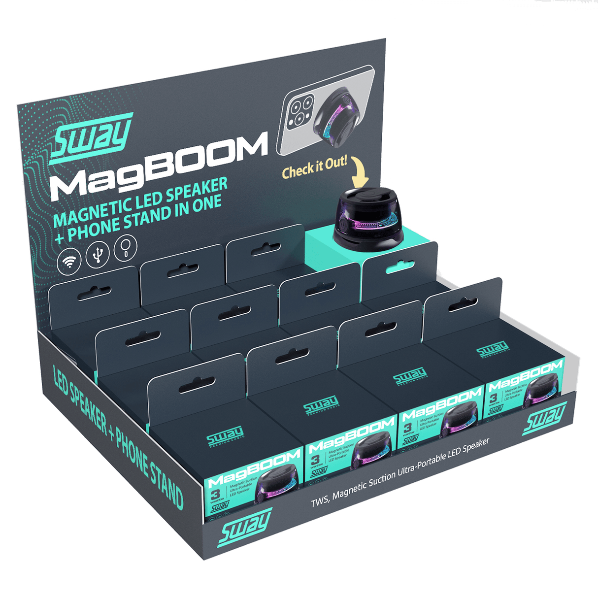 Sway - Magboom Led Magnetic Bluetooth Speaker 12 Pack - Black
