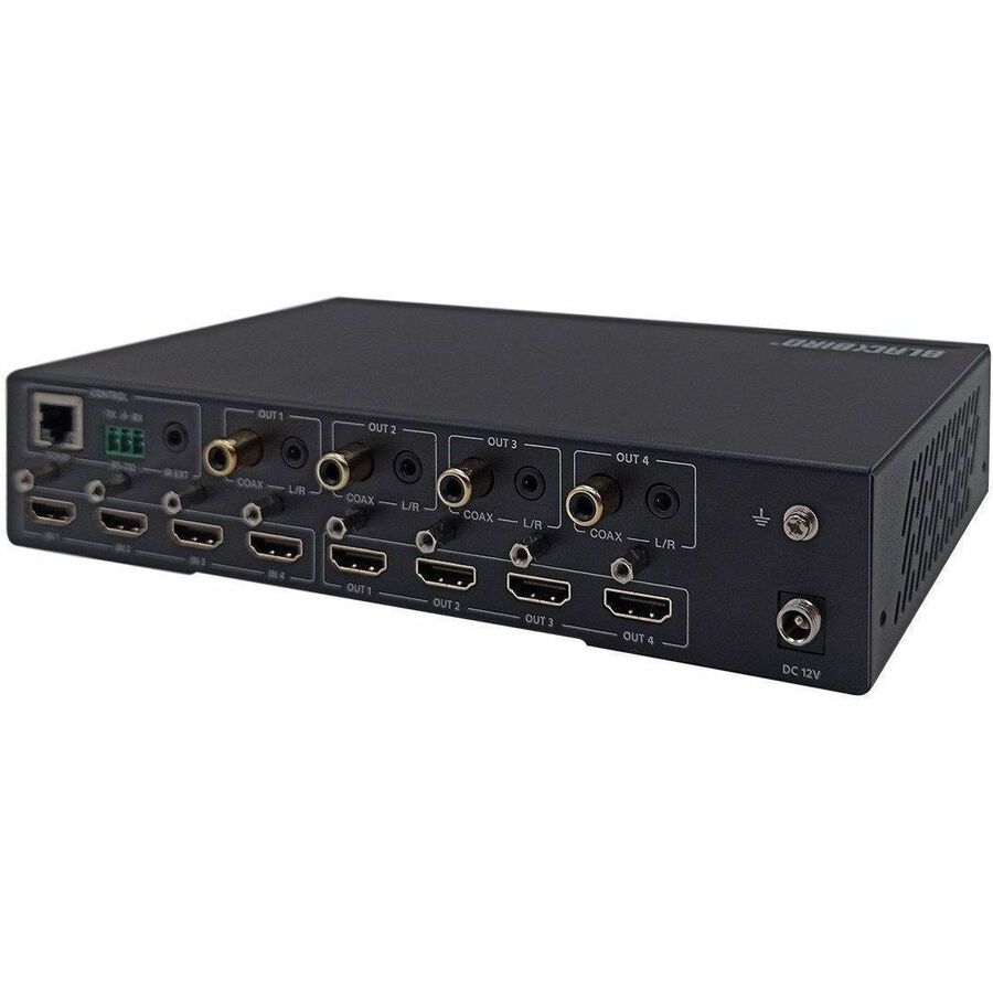 Monoprice Blackbird Video Switcher, Supports advanced EDID® management, Each output de-embeds the audio from the HDMI signal and directs it to an independent digital coaxial and stereo analog audio outputs