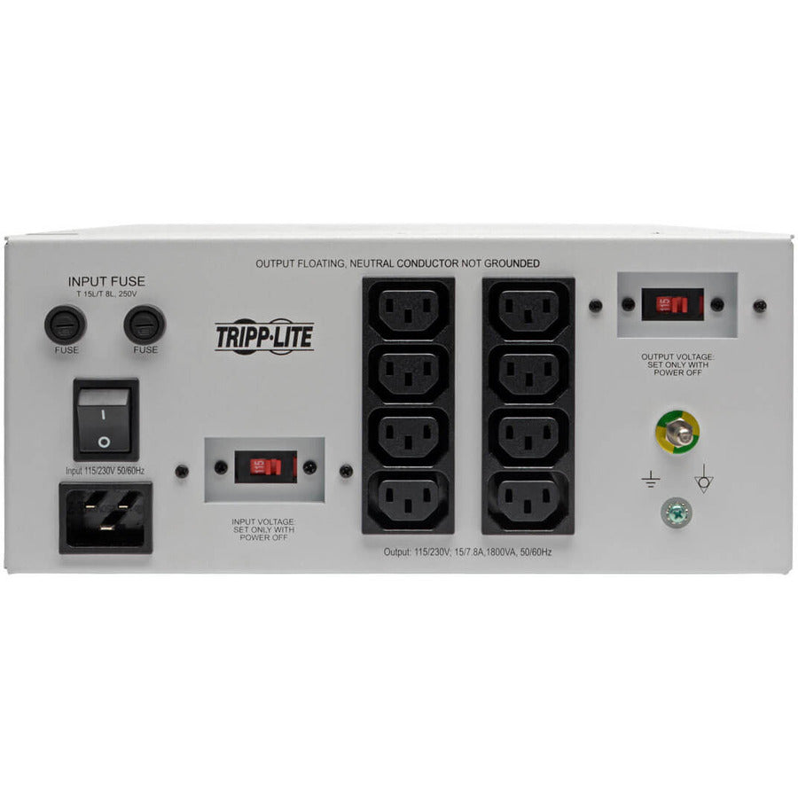 Eaton Tripp Lite Series Isolator Series Dual-Voltage 115/230V 1800W 60601-1 Medical-Grade Isolation Transformer, C20 Inlet, 8 C13 Outlets