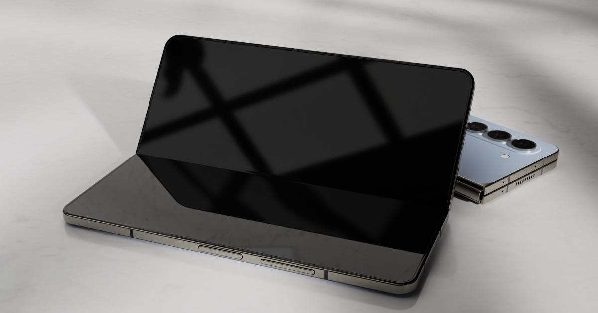 Samsung foldable smartphones. One phone is folded open with a large screen, and another, smaller, collapsed phone is behind it.