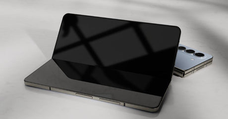 Samsung foldable smartphones. One phone is folded open with a large screen, and another, smaller, collapsed phone is behind it.