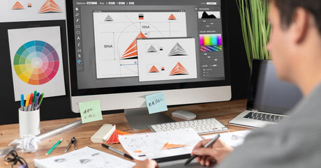 A graphic designer using a stylus and tablet at a desk with design software, printed drafts, and color charts.