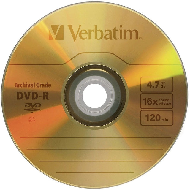 Verbatim DVD-R 4.7GB 16X UltraLife Gold Archival Grade with Branded Surface and Hard Coat - 5pk Jewel Case
