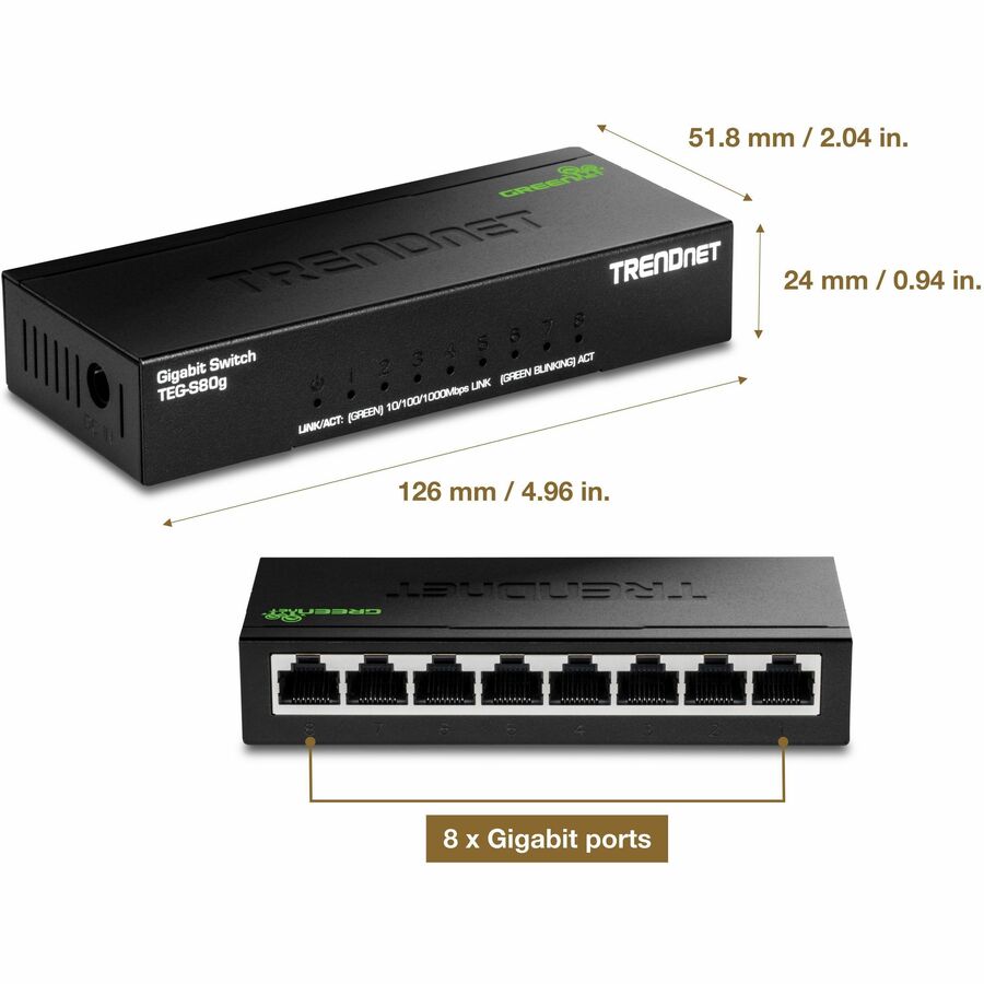 TRENDnet 8-Port Mini Gigabit Switch, TEG-S80g, GREENnet Technology, NDAA + TAA Compliant, Desktop Metal Ethernet Network Switch, 8 x Gigabit Ports, Fanless, Lifetime Protection, Black