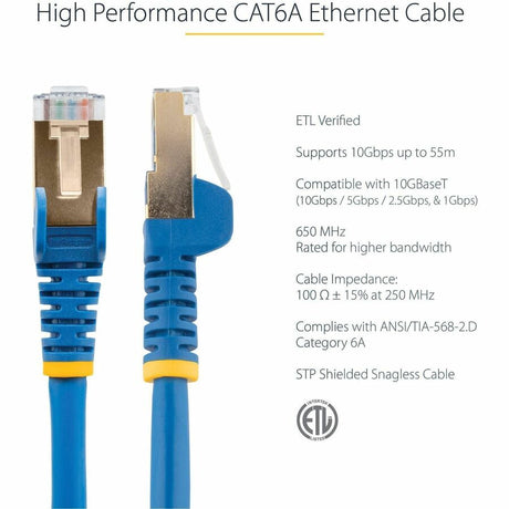 StarTech.com 3ft CAT6a Ethernet Cable - 10 Gigabit Category 6a Shielded Snagless 100W PoE Patch Cord - 10GbE Blue UL Certified Wiring/TIA
