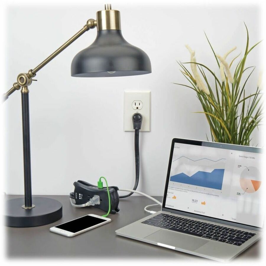 Eaton Tripp Lite Series Protect It! 3-Outlet Travel-Size Surge Protector - 5-15R Outlets, 2 USB Ports, 5-15P Input, 1050 Joules, Black