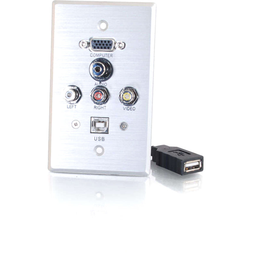 C2G Single Gang HD15 + 3.5mm + RCA A/V + USB Wall Plate - Brushed Aluminum