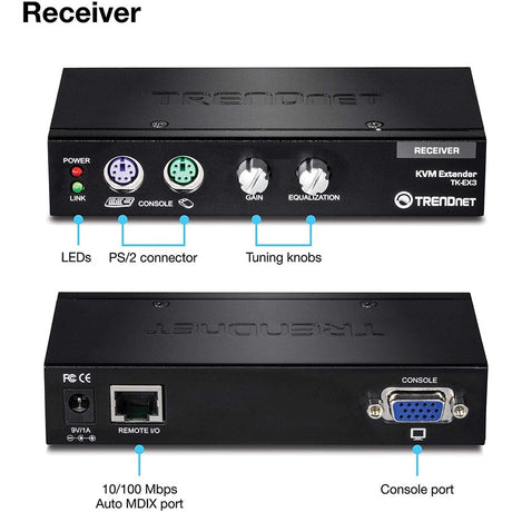 TRENDnet KVM Extension Kit, Extend Keyboard/Video/Mouse Controls, up to 150 Meters (490 ft.), Hot-Keys, PS/2, VGA, USB Type A, Windows/Linux/Mac/Sun Solaris/DOS, TK-EX3
