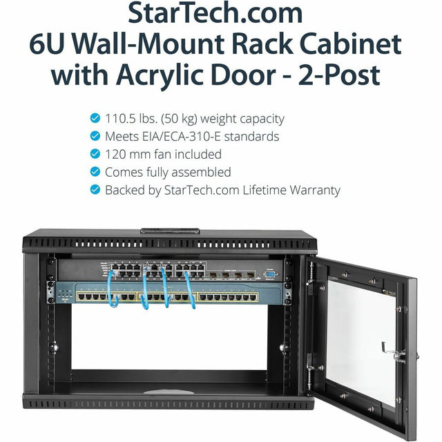 StarTech.com 2-Post 6U Wall Mount Network Cabinet w/ Acrylic Door, 19" Small Wall-Mounted Server Rack for Data / Computer Equipment