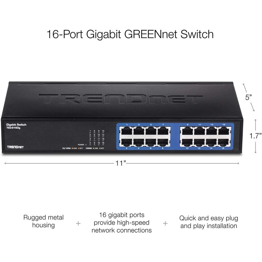 TRENDnet 6-Port Unmanaged Gigabit GREENnet Desktop Metal Switch, Ethernet-Network Switch, 16 x 10-100-1000 RJ-45 Ports, 32 Gbps Forwarding Capacity, Lifetime Protection, Black, TEG-S16DG