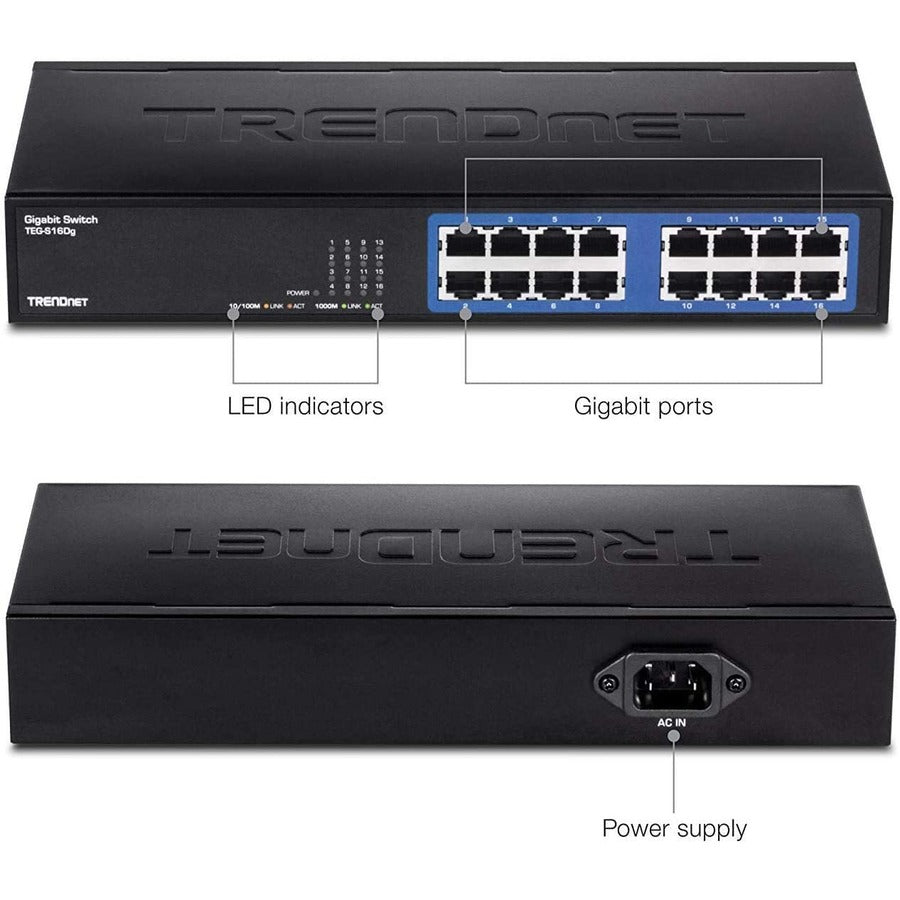 TRENDnet 6-Port Unmanaged Gigabit GREENnet Desktop Metal Switch, Ethernet-Network Switch, 16 x 10-100-1000 RJ-45 Ports, 32 Gbps Forwarding Capacity, Lifetime Protection, Black, TEG-S16DG
