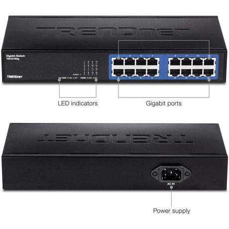 TRENDnet 6-Port Unmanaged Gigabit GREENnet Desktop Metal Switch, Ethernet-Network Switch, 16 x 10-100-1000 RJ-45 Ports, 32 Gbps Forwarding Capacity, Lifetime Protection, Black, TEG-S16DG