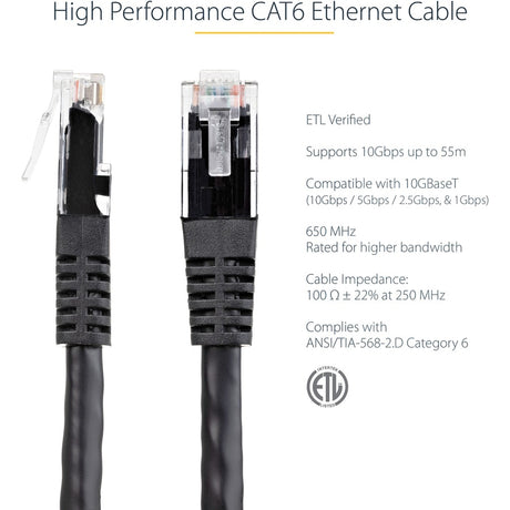 StarTech.com 6ft CAT6 Ethernet Cable - Black Molded Gigabit - 100W PoE UTP 650MHz - Category 6 Patch Cord UL Certified Wiring/TIA
