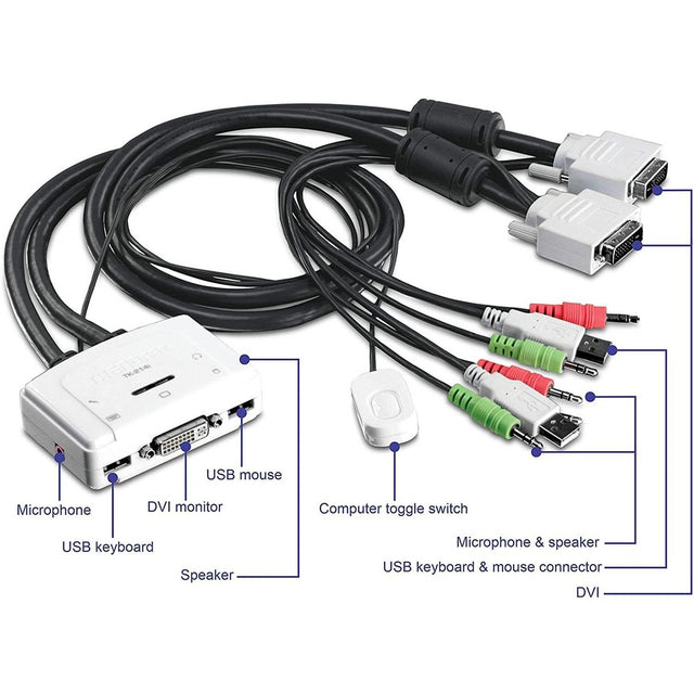 TRENDnet 2-Port DVI USB KVM Switch and Cable Kit with Audio, Manage Two PC's, USB 2.0, Hot-Plug, Auto-Scan, Hot-Keys, Windows/Linux/Mac Compliant, TK-214i