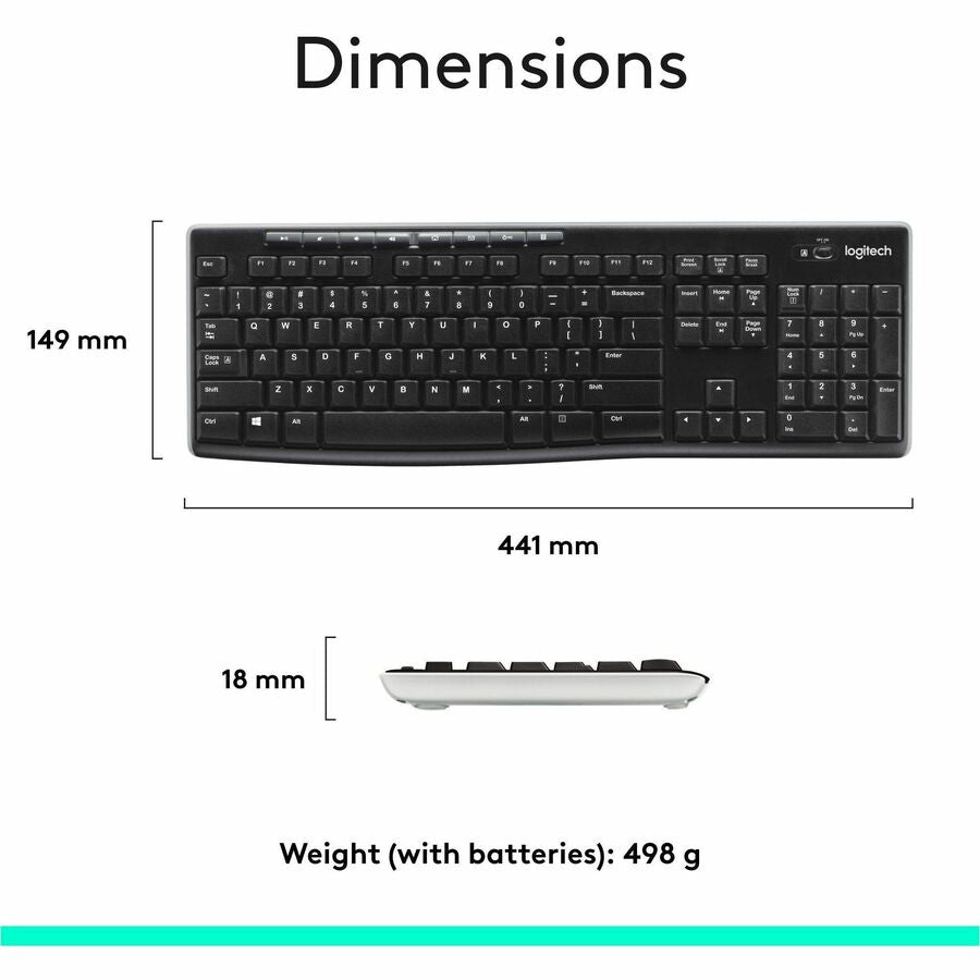 Logitech K270 Wireless Keyboard for Windows, 2.4 GHz Wireless, Full-Size, Number Pad, Black