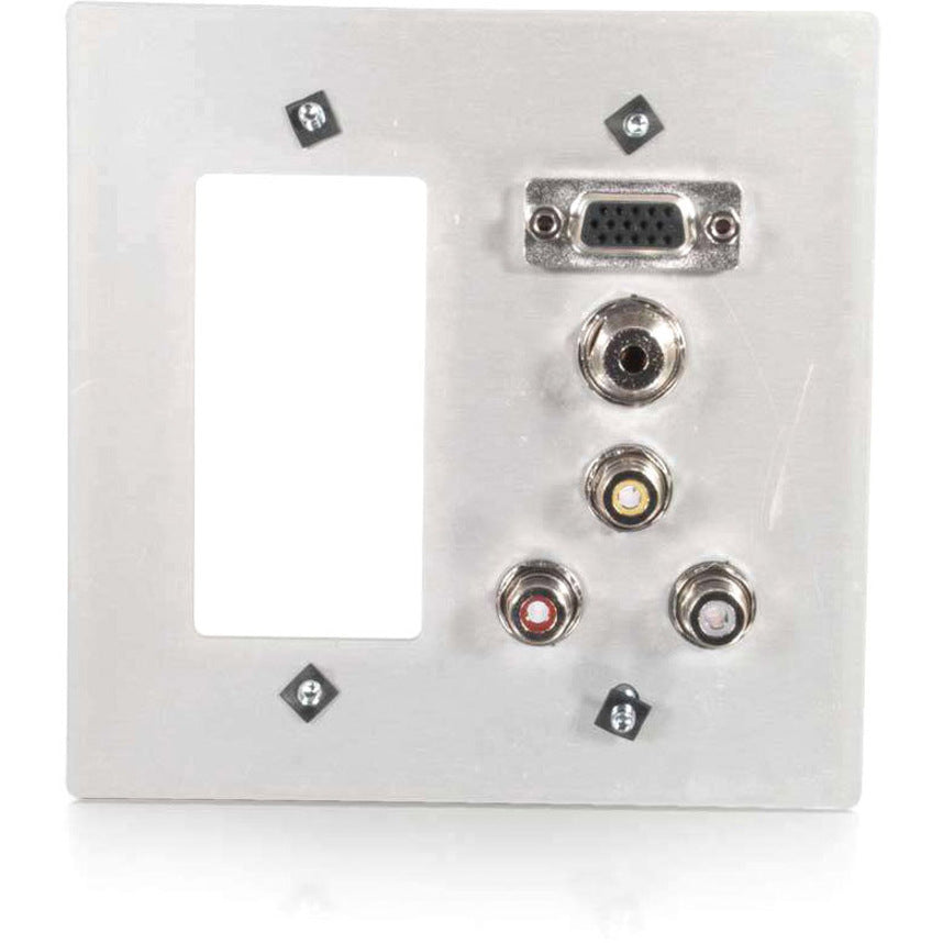 C2G VGA, 3.5mm Audio, Composite Video and RCA Stereo Audio Pass Through Double Gang Wall Plate with One Decorative Style Cutout - Brushed Aluminum
