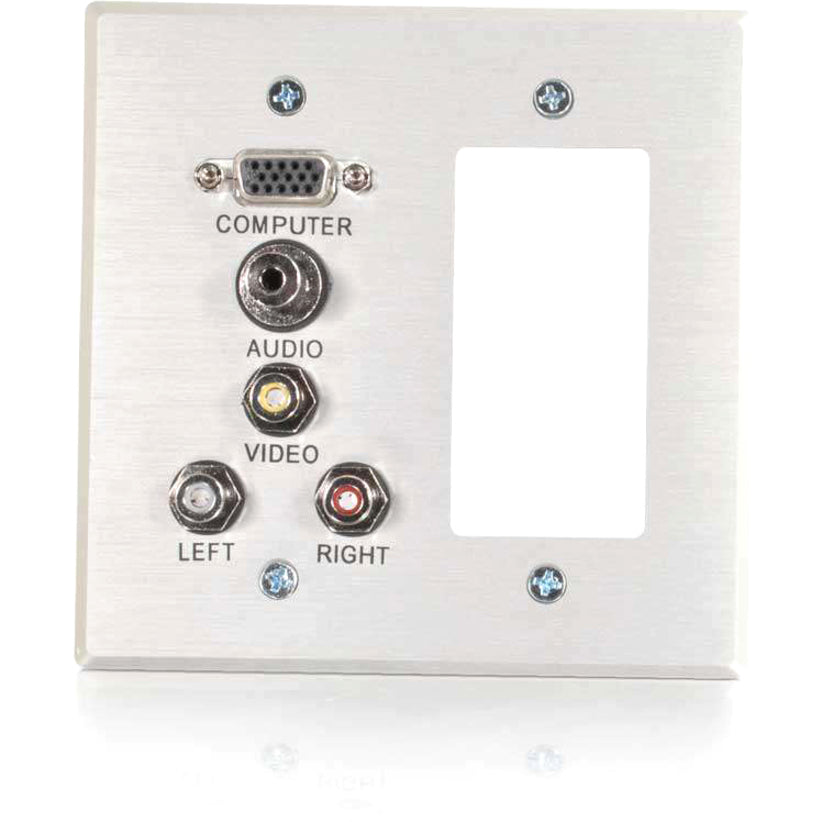 C2G VGA, 3.5mm Audio, Composite Video and RCA Stereo Audio Pass Through Double Gang Wall Plate with One Decorative Style Cutout - Brushed Aluminum